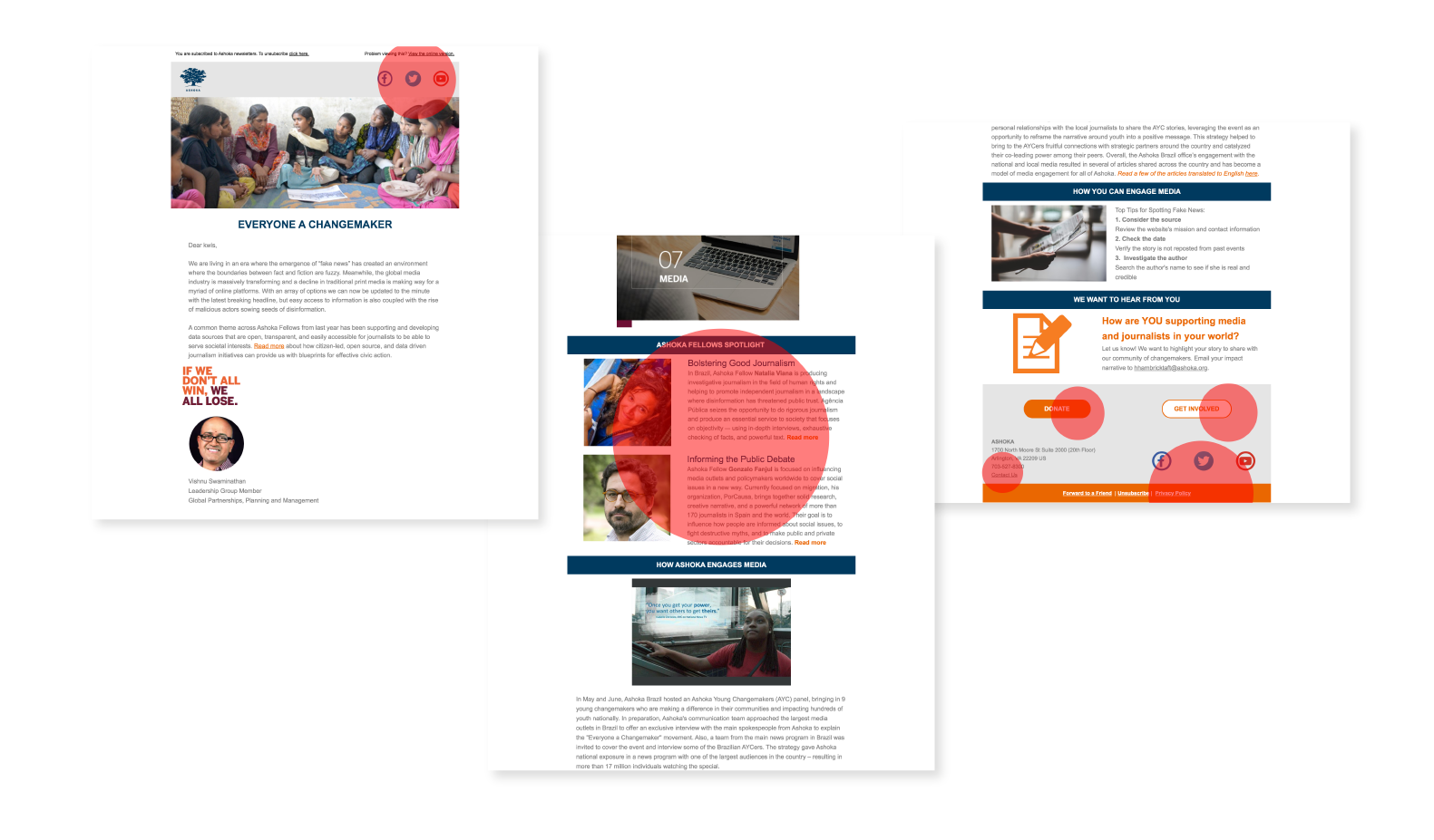 An old layout of the Ashoka newsletter and highlighted areas that users interacted with gleaned via heat-map analytics